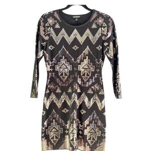 Express Black and Gold Geometric Long Sleeve Dress